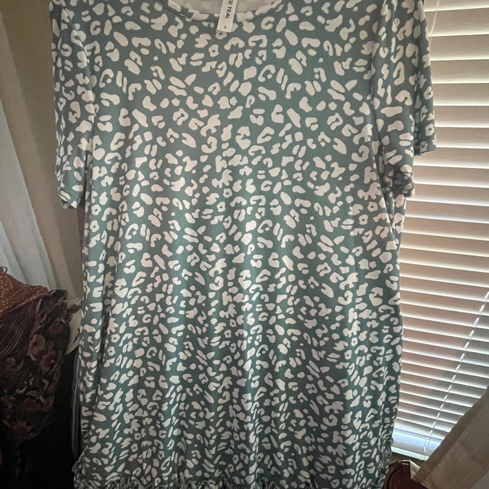 Tickled Teal Teal and White Leopard Print Tee Dress